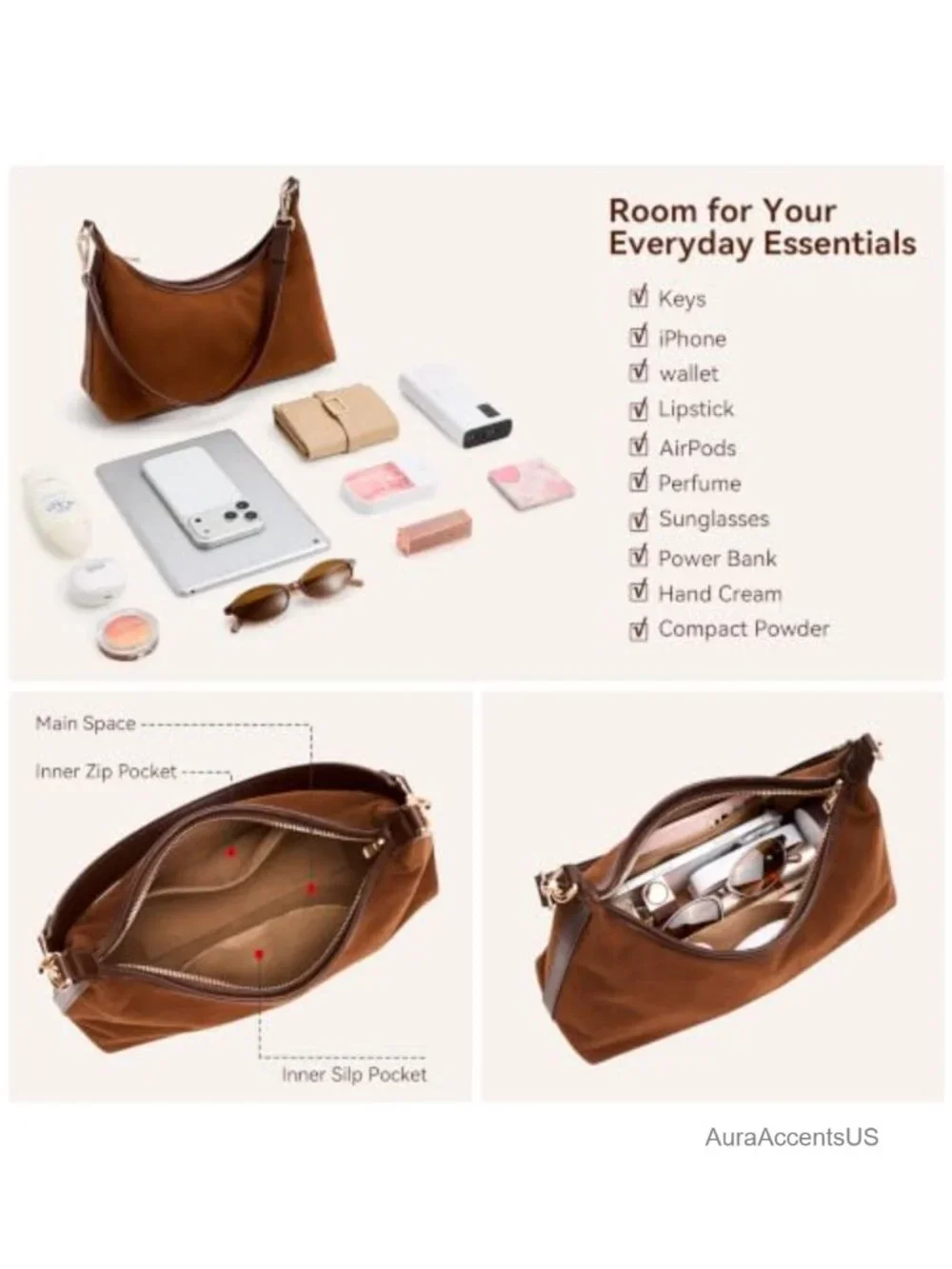 Faux Suede Small Hobo Shoulder Bag with 3 Straps